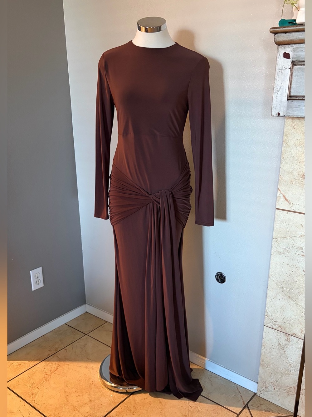 Club L London Long-Sleeve Brown Knot-Detail Maxi Dress